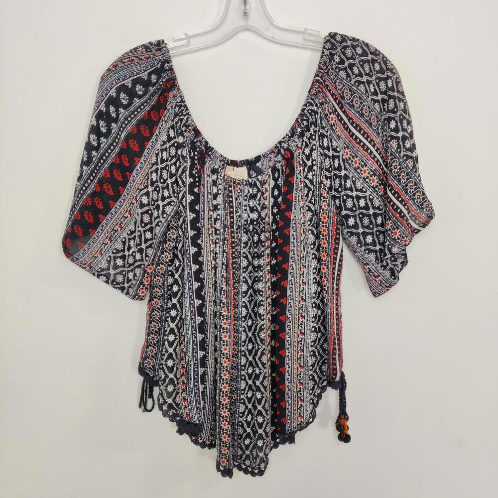 Sanctuary Mixed Print Boho Peasant Top Batwing Sleeve Crochet Hem Medium